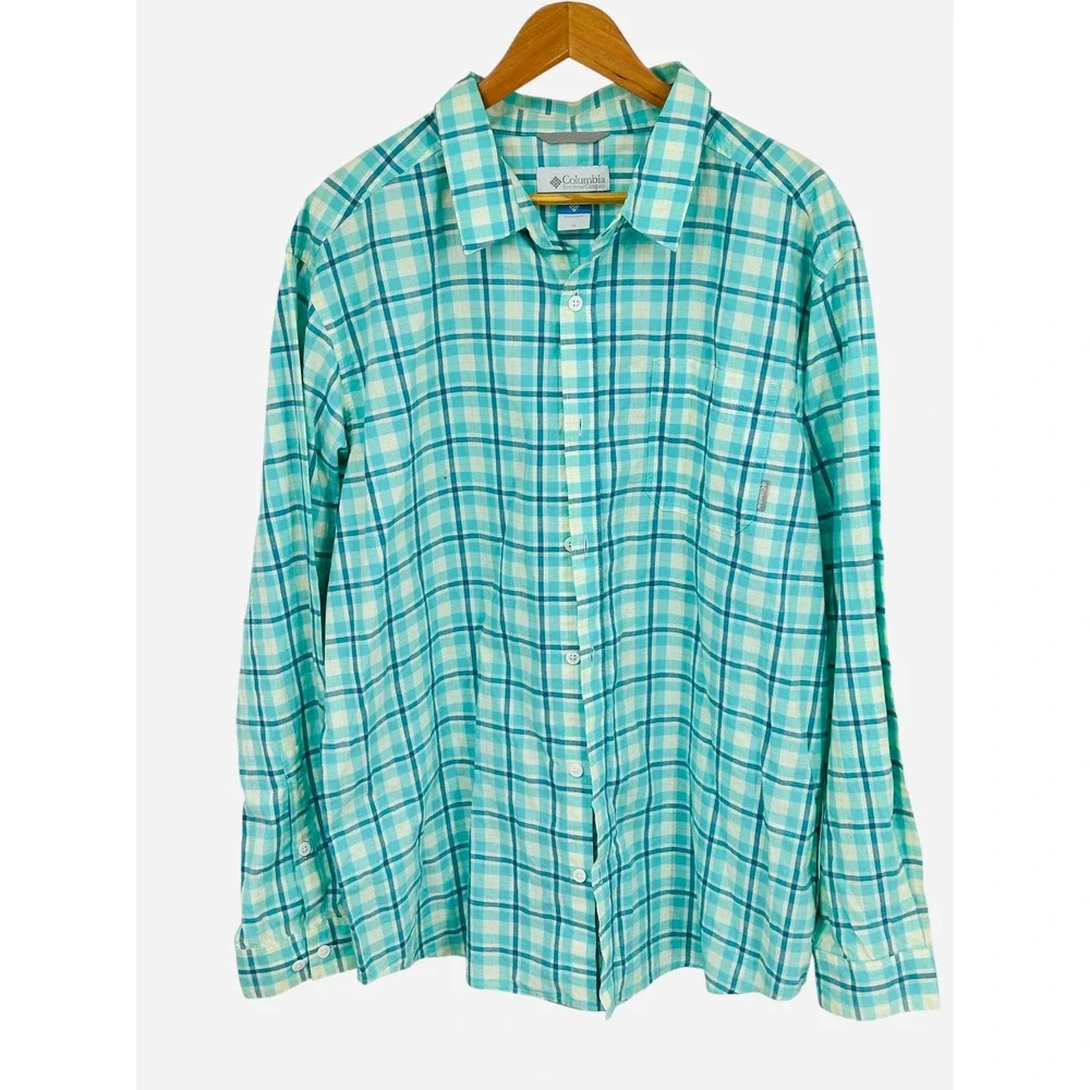 Columbia Mens Plaid Button Down Shirt XL Long Sleeve Teal Blue Cotton Casual